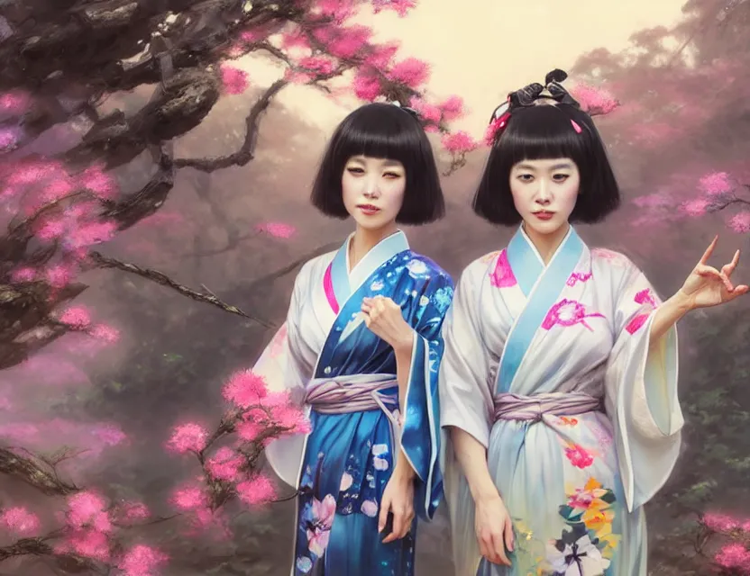 Image similar to two beautiful fashion taiwan girls wear fantasy yukata in festival | | big eyes, sunny, dreamlike art, realistic shaded, smile, good looking, fine details, 4 k realistic, cryengine, realistic shaded lighting poster by greg rutkowski, magali villeneuve, artgerm, jeremy lipkin and michael garmash and rob rey