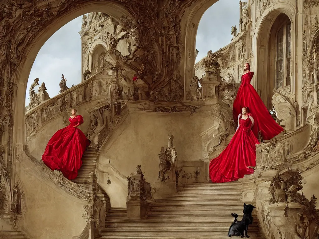 Image similar to An impressive castle entrance, a beautiful woman wearing a red dress, coming down the stairs, sided by two fierce Dobermans, art directed by Martin de Thurah and shot by Kasper Tuxen