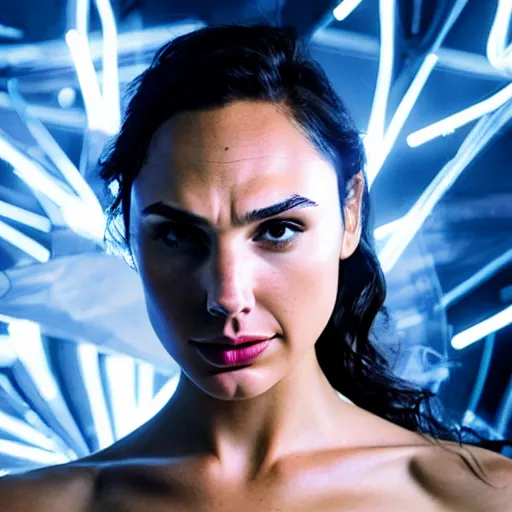 Prompt: photo of Gal Gadot, close up, with a cyberpunk camera over right eye with led lights, robotic implants over face with small led lights, white background, fine art photography in the style of Bill Henson