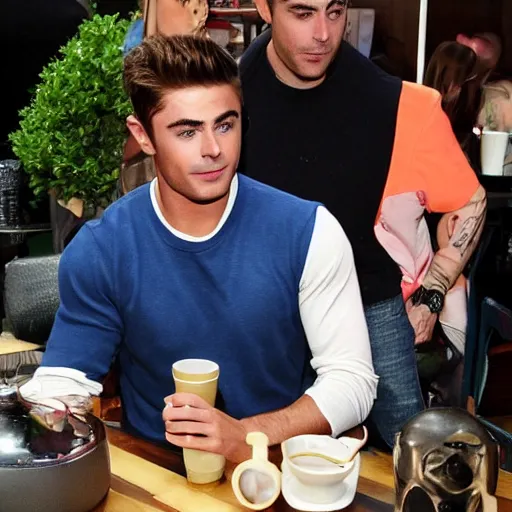 Prompt: Zac Efron drinking tea with sonic, hiperealistic