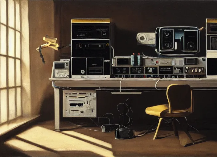 Image similar to still life painting of a retro electronics supercomputer workstation by pieter claesz, oil on canvas, blade runner vibes, syd mead concept art, minimalist, strong lighting, highly detailed, hyper realism, golden hour, god rays, hd, 4 k