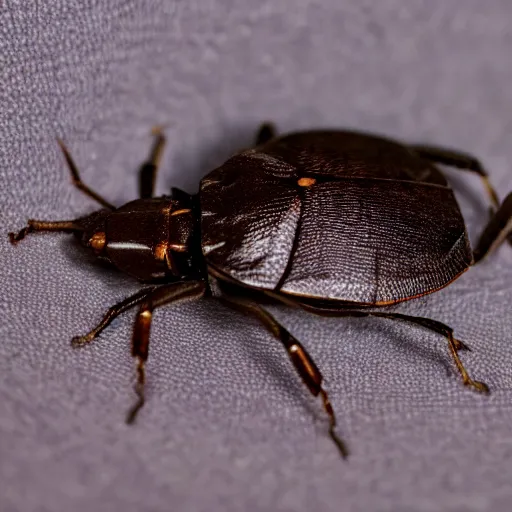 Image similar to a giant brown marmorated stink bug on a bed in a hotel room, bug, beetle, hotel, bed, pentatomidae, halyomorpha halys, canon eos r 3, f / 1. 4, iso 2 0 0, 1 / 1 6 0 s, 8 k, raw, unedited, symmetrical balance, wide angle