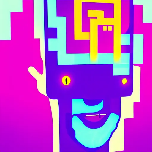 Image similar to a man with a tv head, glowing melting screen and pixels, 3 d art, high contrast, highlights, glitch art, dark background, trending on artstation