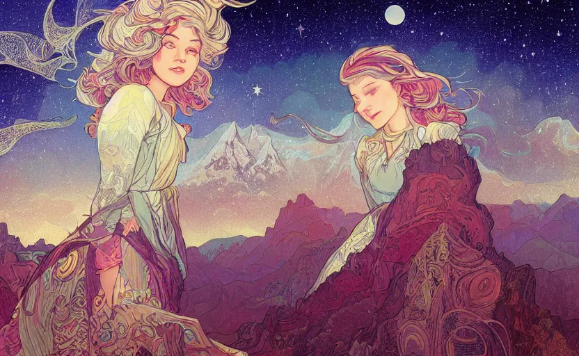 Prompt: mountains, stars and paisley filled sky, artstation, intricate, highly detailed, digital painting, concept art, sharp focus, illustration by Benjamin Lacombe and Alphonse Mucha