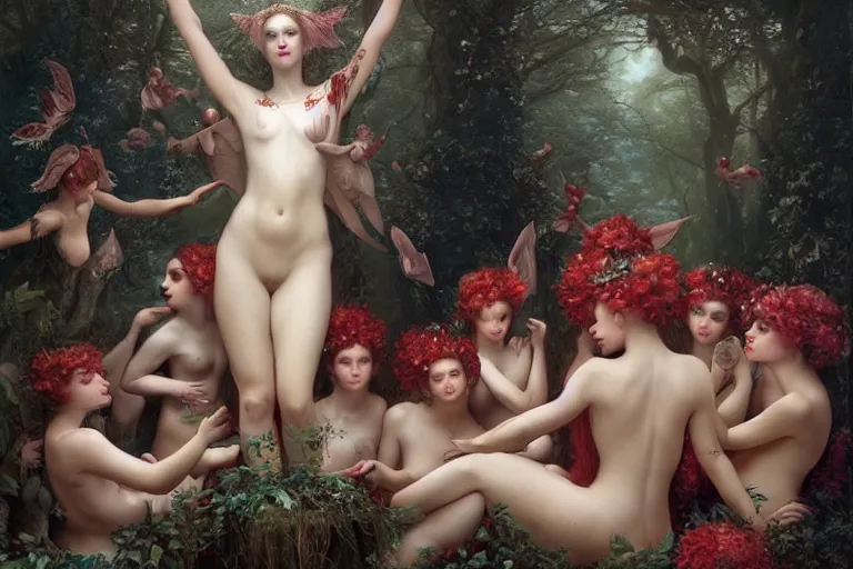 Image similar to the goddess of red solo cups surrounded by a court of nymphs, by tom bagshaw peter kemp, beautiful highly symmetric faces