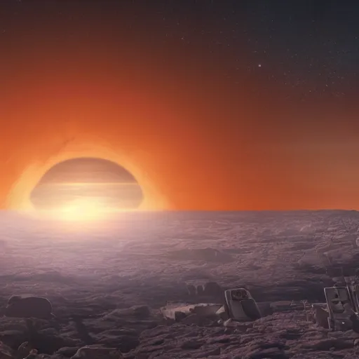 Prompt: sunrise from jupiter while an alien civilization is constructed in the background, matte painting