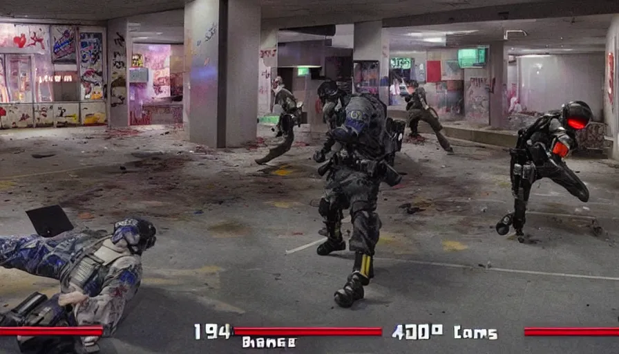 Prompt: 1994 Video Game Screenshot, Anime Neo-tokyo Cyborg bank robbers vs police, Set inside of the Bank Lobby, Multiplayer set-piece in bank lobby, Tactical Squad :9, Police officers under heavy fire, Police Calling for back up, Bullet Holes and Blood Splatter, :6 Gas Grenades, Riot Shields, Large Caliber Sniper Fire, Chaos, Anime Cyberpunk, Anime Bullet VFX, Machine Gun Fire, Violent Gun Action, Shootout, Escape From Tarkov, Intruder, Payday 2, 8k :4 by Katsuhiro Otomo: 9