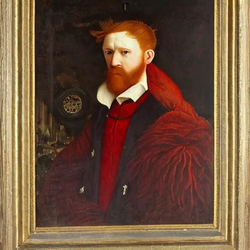 Prompt: handsome irish man, red hair, wearing steampunk goggles, wearing a red fez, detailed oil painting in a renaissance style, masterpiece, courtesy national gallery