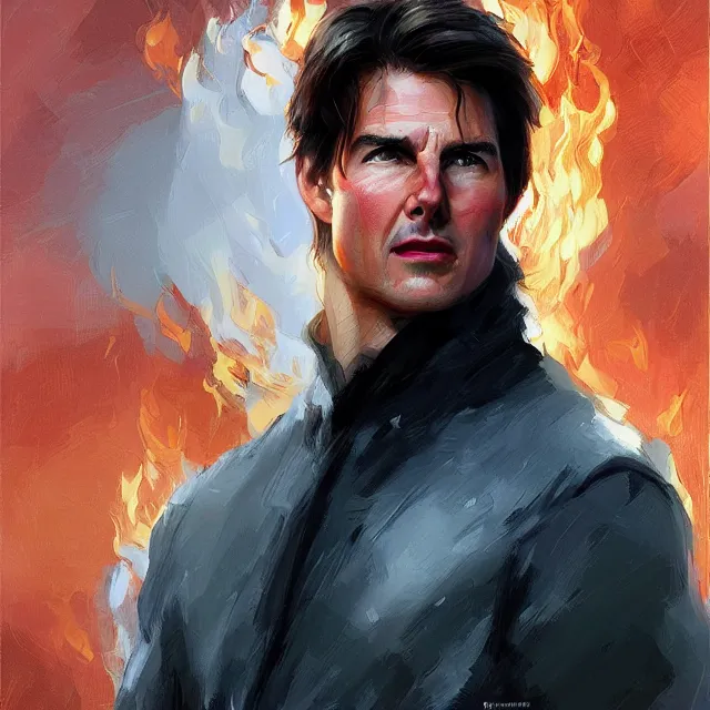 Prompt: Tom Cruise as a firebender, portrait, elegant, intricate, digital painting, artstation, concept art, smooth, sharp focus, illustration, art by konstantin korovin and Daniel F. Gerhartz and john howe