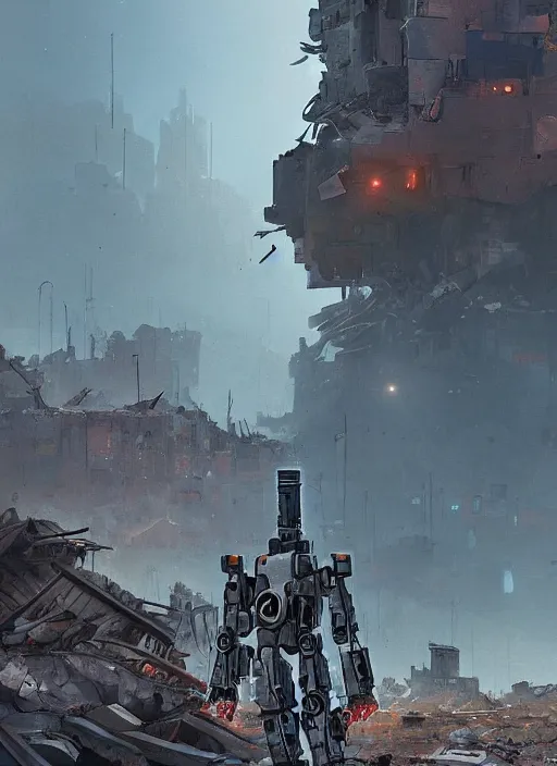 Image similar to A bipedal mech standing among the rubble of a destroyed city by Simon Stålenhag, artstation, mecha, military, science fiction, digital painting, 4k