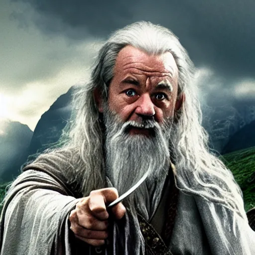 Prompt: bill murray as a gandalf in lord of the rings, 4 k movie screen capture, post processed, uhd, hdr.
