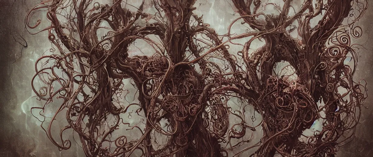 Prompt: centered horrifying detailed portrait of a insane, crazed, mad old bald zombie, eldritch abomination, dunwitch horror, ornate tentacles growing around, ornamentation, thorns, vines, tentacles, elegant, beautifully soft lit, full frame, 8 k by wayne barlowe, peter mohrbacher, kelly mckernan, h r giger