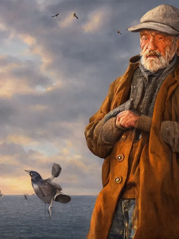 Image similar to realistic renderings portrait of very old fisher man portrait with a hat, wearing a fisher 🧥, ( ( ( a bird in the sky ) ) ) port scene background, astonishing scenes, detailed, photorealism, volumetric lighting, autumn lights colors, ultra detailed