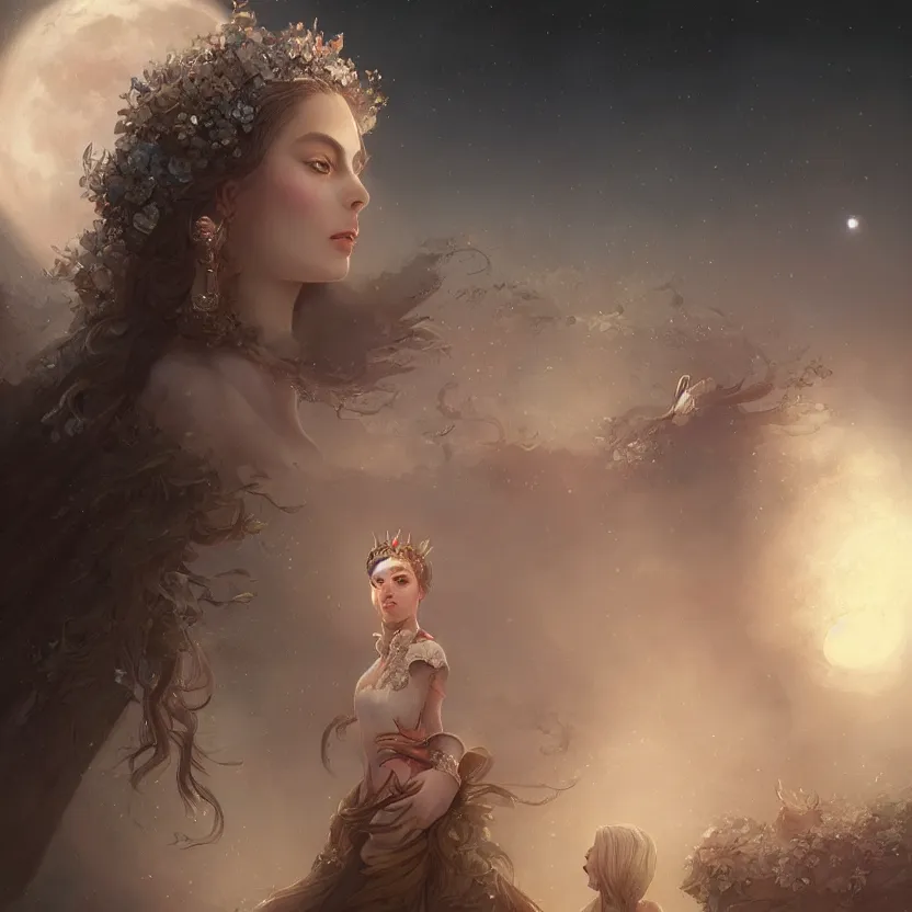 Image similar to a beautiful digital painting of a princess, princess, the moon behind her, intricate, cinematic lighting, highly detailed, digital painting, concept art, smooth, sharp focus, illustration, art by tom bagshaw, artgerm and greg rutkowski