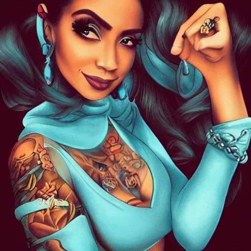Image similar to princess jasmine as an instagram influencer, tattoos, photorealism, high detail,