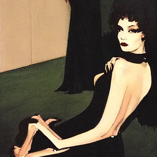 Prompt: Amused woman in dark dress, by Robert McGinnis.