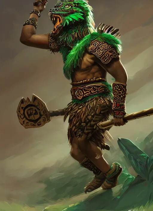 Image similar to a highly detailed illustration of fierce young aztec warrior boy wearing green jaguar mane, heroic roaring wielding aztec macuahuitl pose, muscular, intricate, elegant, highly detailed, centered, digital painting, artstation, concept art, smooth, sharp focus, league of legends concept art, wlop