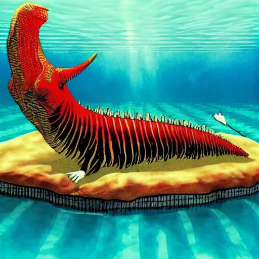 Image similar to nirvana nevermind album cover with a spinosaurus