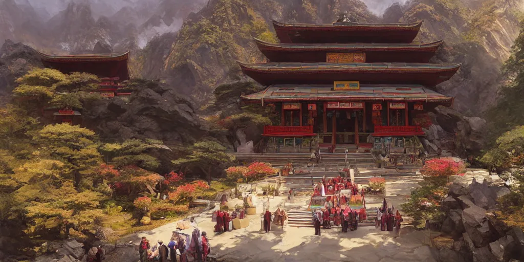 Prompt: Dzogchen Mountain Temple, by Craig Mullins and Marc Simonetti and Hiroshi Yoshida