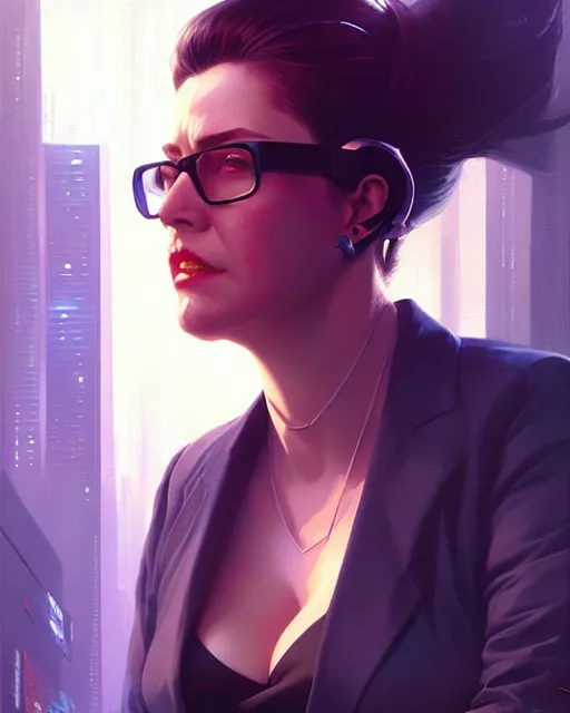 Prompt: cyberpunk corporate woman, overweight | | realistic shaded, fine details, realistic shaded lighting poster by greg rutkowski, diego gisbert llorens, magali villeneuve, artgerm, jeremy lipkin and rob rey