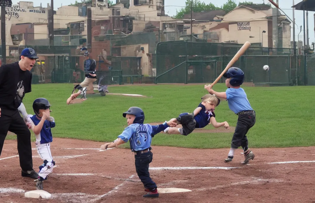 Prompt: jerma hitting a child with a baseball bat in a baseball field