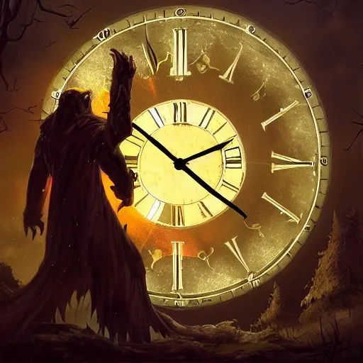 Prompt: a vampire fighting a werewolf at night in front of a giant clock face, spooky, exciting, cinematic, sharp, highly detailed digital art, trending on artstation, fantasy, occult, dramatic lighting, cinematic scene, frank frazetta, visually stunning