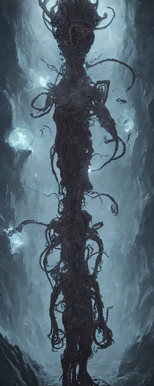 Image similar to A full body portrait of a Lovecraftian character art by Cedric Peyravernay, Grzegorz Rutkowski and Jason Chan, cosmic horror, ominous, mysterious