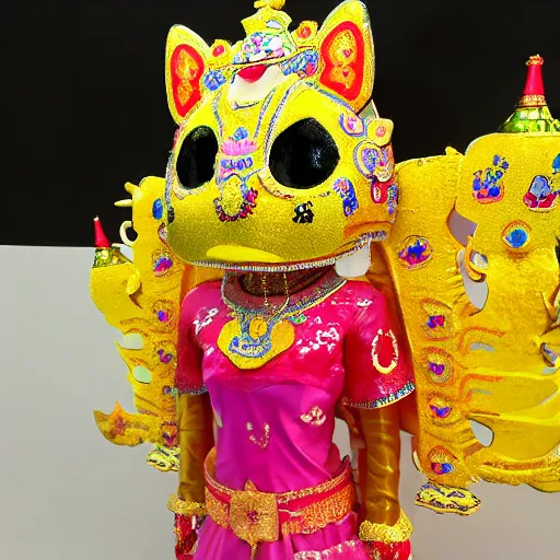 Image similar to Hello Kitty wearing traditional Cambodian ceremonial dress, with a 9 headed Khmer dragon headdress, 3d, very colorful, 8k,