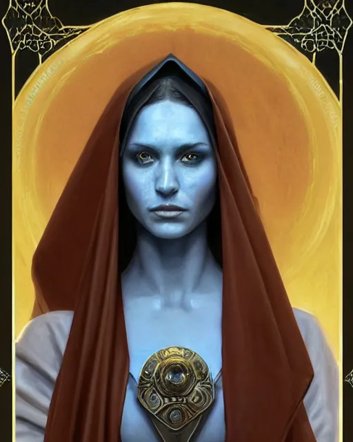 Image similar to portrait of saint alia atreides of the knife, her eyes are dark blue, blue eyes of the ibad, dune, arab culture inspiration, oriental, science fiction, frank herbert, intricate, elegant, highly detailed, digital painting, artstation, concept art, sharp focus, illustration, art by artgerm and greg rutkowski and alphonse mucha