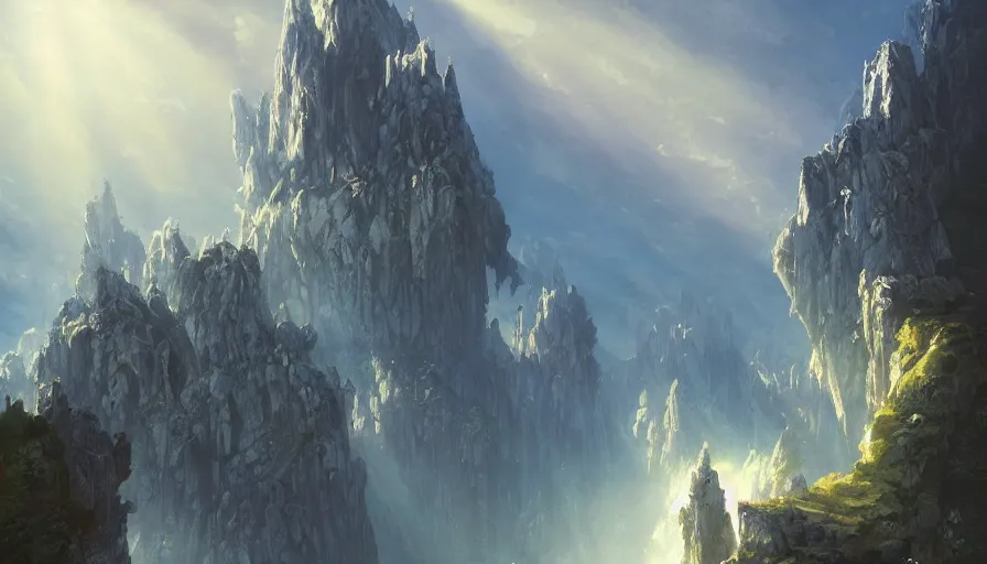 Prompt: crystal castle set on top of a cliff, sun shining light rays thorugh the clouds, andreas rocha, greg rutkowski, trending on artstation, blue color scheme