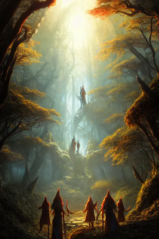 Image similar to a highly detailed matte painting of a group of young wizard a young warrior and a young paladin exploring elven ruins in a mystical forest by artgerm, by wlop, by greg rutkowski, red tones, volumetric lighting, octane render, 4 k resolution, trending on artstation, masterpiece