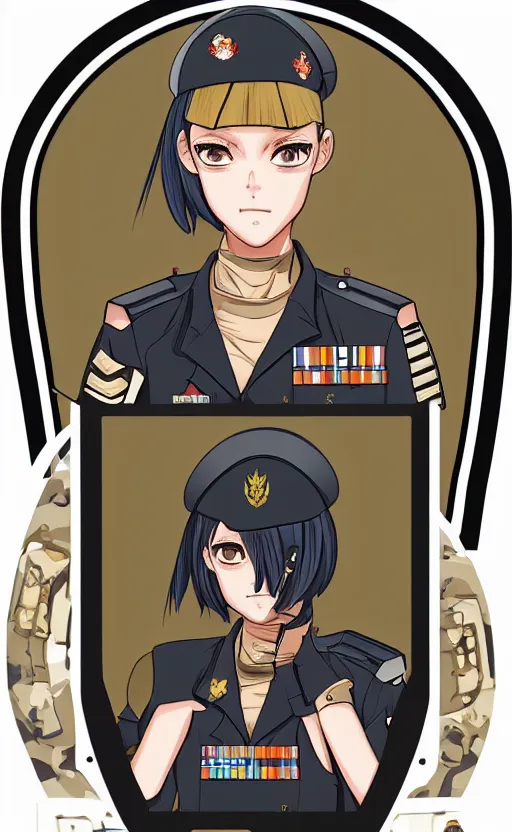 Prompt: shoulder patch design, portrait of soldier girl, award winning manga style, clean logo, military flight squadron insignia, no text, soldier clothing, realistic military gear, 70mm, inspired by famous brands, made in photoshop, no background, vector line art, by ilya kuvshinov, trending on artstation, symbology, realistic human anatomy, meme culture, highly detailed, high resolution, matte, empty hands, realistic military carrier