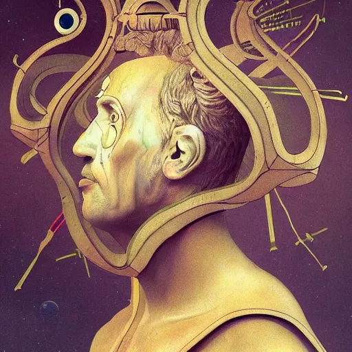 Prompt: A rendition of Vitruvians by Vinci but designed by Dali in space retreat, portrait, elegant, intricate, digital painting, concept art, sharp focus, illustration