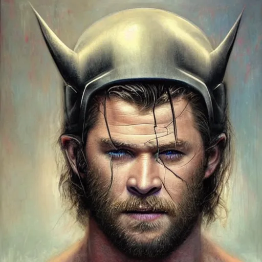 Prompt: detailed masterpiece head and shoulders portrait of struggling Thor Chris Hemsworth with helmet by Ayami Kojima, Amano, Karol Bak, Gottfried Helnwein and Mark Brooks and Meats Meier and Ryan Brown, rich deep colors. the agony is real. Beksinski painting, part by Adrian Ghenie and Gerhard Richter and Jeremy Mann. art by Takato Yamamoto. medium shot. masterpiece . intricate artwork by Tooth Wu and wlop and greg rutkowski, very coherent artwork, cinematic, hyper realism, high detail, octane render, unreal engine, 8k, Vibrant colors, Smooth gradients, High contrast. by Katsuhiro Otomo, inspired by anime, movie grain, intricate detail, extremely detailed. painting by Arthur Rackham, Eugene de Blaas