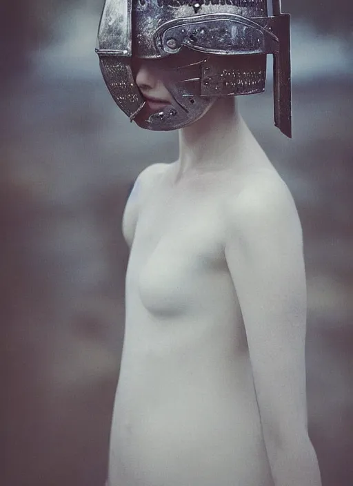 Prompt: medieval helm!!!!!!!, out of focus!! photorealistic portrait of a beautiful pale woman by saul leiter, motion blur!!, translucent white skin, closed eyes, foggy, pale lips