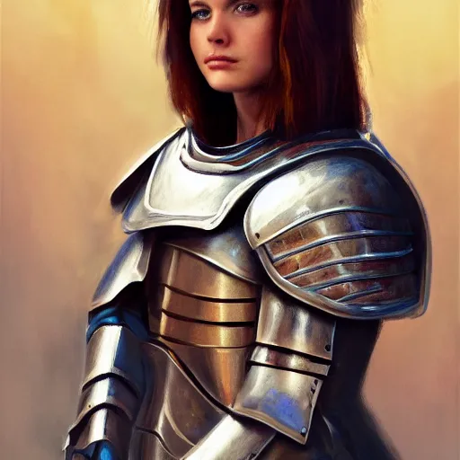 Image similar to a movie still frame, a beautiful female knight in armor, medium portrait, oil on linen, high quality, hi resolution, trending on artstation, movie concept art,
