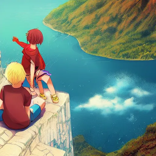 Prompt: digital art, anime, boy and girl sitting on the ledge of a mountain having a picnic with a beautiful view, creative, concept