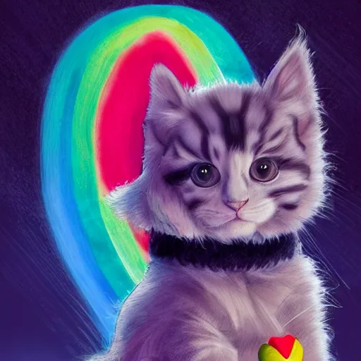 Image similar to wide angle full body, of a fluffy cute rainbow kitten wearing a black motorcycle jacket, concept art