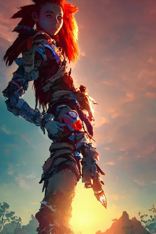 Image similar to combination suit armor aloy horizon forbidden west horizon zero dawn radiating a glowing aura global illumination ray tracing hdr fanart arstation by ian pesty and alena aenami artworks in 4 k tribal robot ninja mask helmet backpack