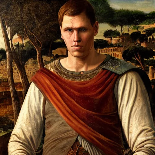 Prompt: Jerma985 in Ancient Rome, detailed, highly detailed, heroic, epic, complex, very detailed, realistic, HD quality, 8k resolution, body and headshot, Oil Painting, Italian Renaissance Painting, Italian Renaissance Painting Style, Renaissance Painting Style, Painting, Trending on Artstation