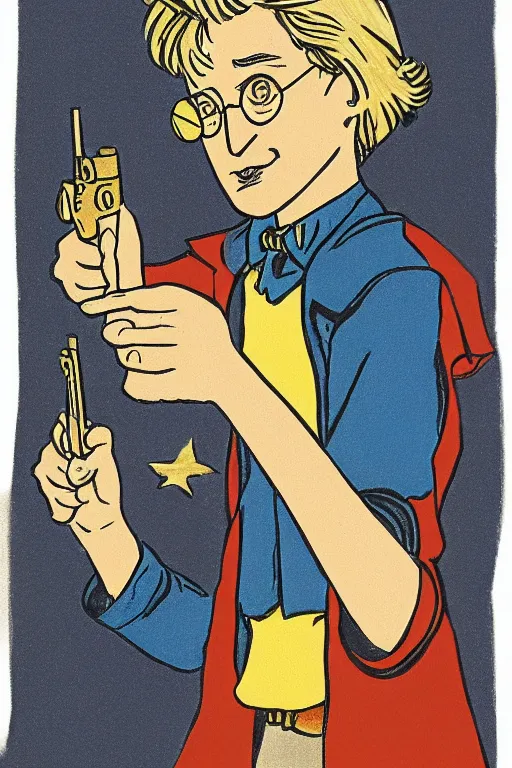 Prompt: an illustration of harry potter holding a pistol in the style of goodnight moon by margaret wise brown