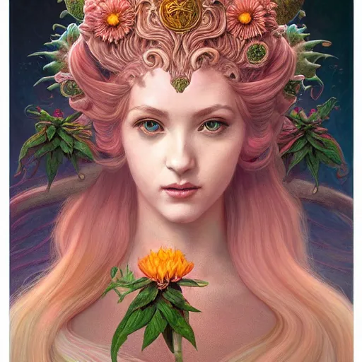 Image similar to a beautiful detailed front view portrait of princess peach with ornate growing around, ornamentation, flowers, elegant, beautifully soft lit, by wayne barlowe, peter mohrbacher, kelly mckernan,