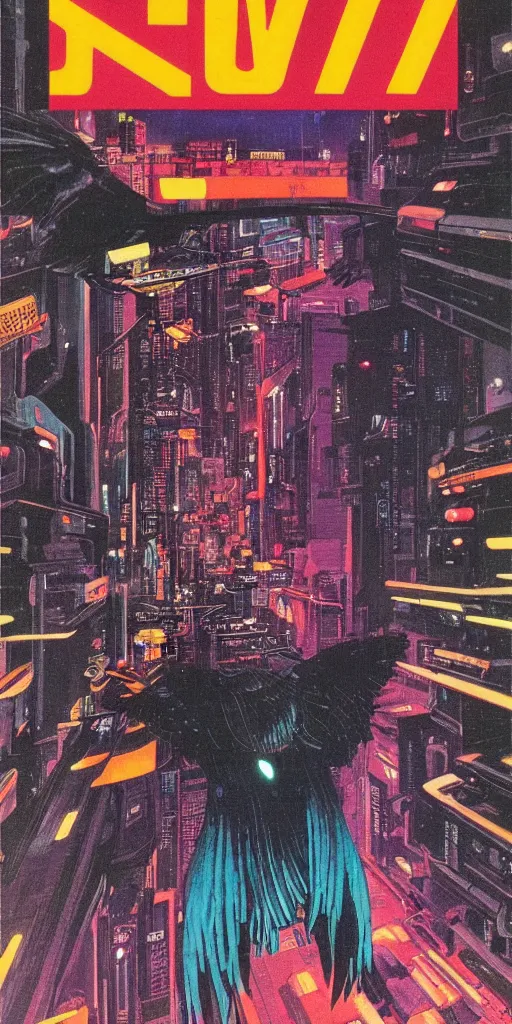 Image similar to 1979 OMNI Magazine Cover of a raven in neo-Tokyo in cyberpunk style by Vincent Di Fate