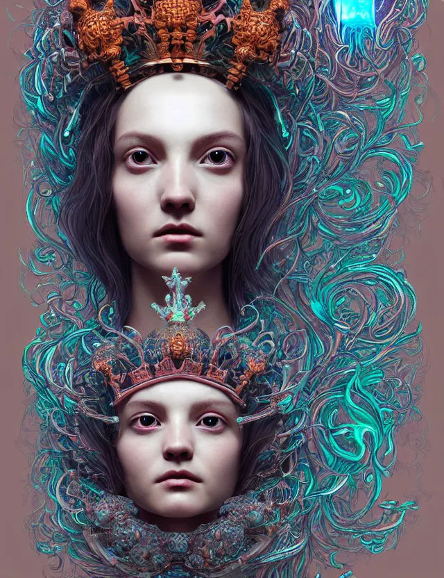 Image similar to symmetrical, centered, goddess close-up portrait wigh crown made of skulls. betta fish, phoenix, bioluminiscent creature, super intricate ornaments artwork by Tooth Wu and wlop and beeple and greg rutkowski