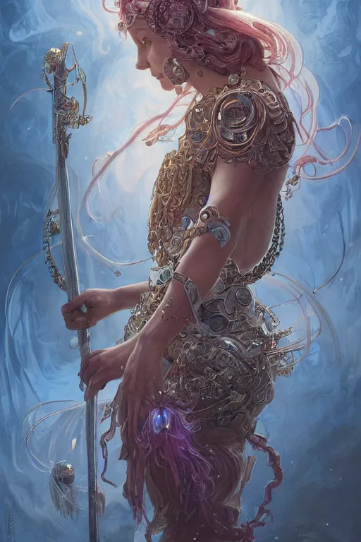 Image similar to a portrait of anthropomorphic jellyfish warrior goddess, D&D, fantasy, intricate, highly detailed, digital painting, artstation, concept art, smooth, sharp focus, illustration, art by artgerm and greg rutkowski and alphonse mucha