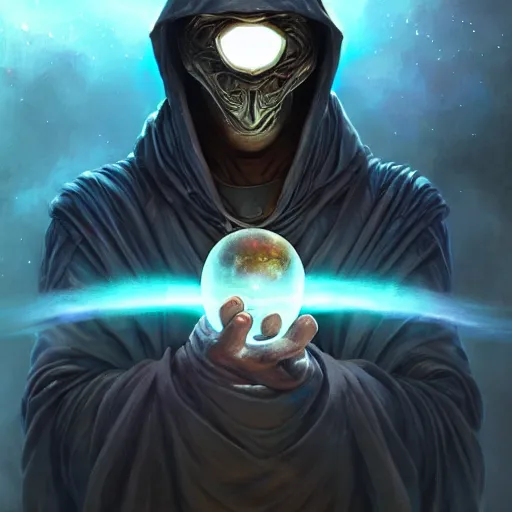 Prompt: rogue male wearing a cloak on an alien world and holding a holographic planet projection in his hand, masked face, detailed, sci - fi, digital painting, artstation, sharp focus, illustration, artgerm, tomasz alen kopera, peter mohrbacher, donato giancola, joseph christian leyendecker, wlop, frank frazetta