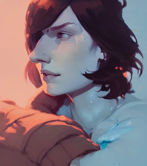 Image similar to portrait of anders from dragon age hugging a beautiful woman by atey ghailan, by greg rutkowski, by greg tocchini, by james gilleard, by joe fenton, by kaethe butcher, dynamic lighting, gradient light blue, brown, blonde cream and white color scheme, grunge aesthetic