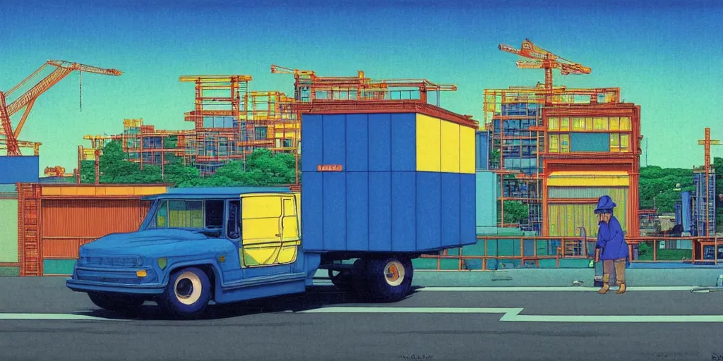 Image similar to a little blue truck with a construction site in the background, acid and dreaming psychedelic hallucinations, by kawase hasui, moebius and edward hopper, colorful flat surreal design, hd, 8 k, artstation