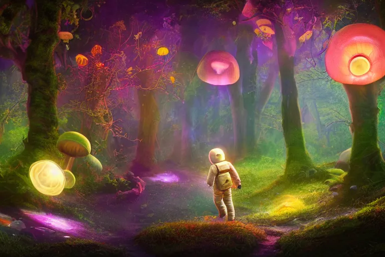 Image similar to An astronaut walking in an enchanted fantasy forest. Glowing mushrooms. Floating jellyfish. Colorful. Cinematic lighting. Photorealism.