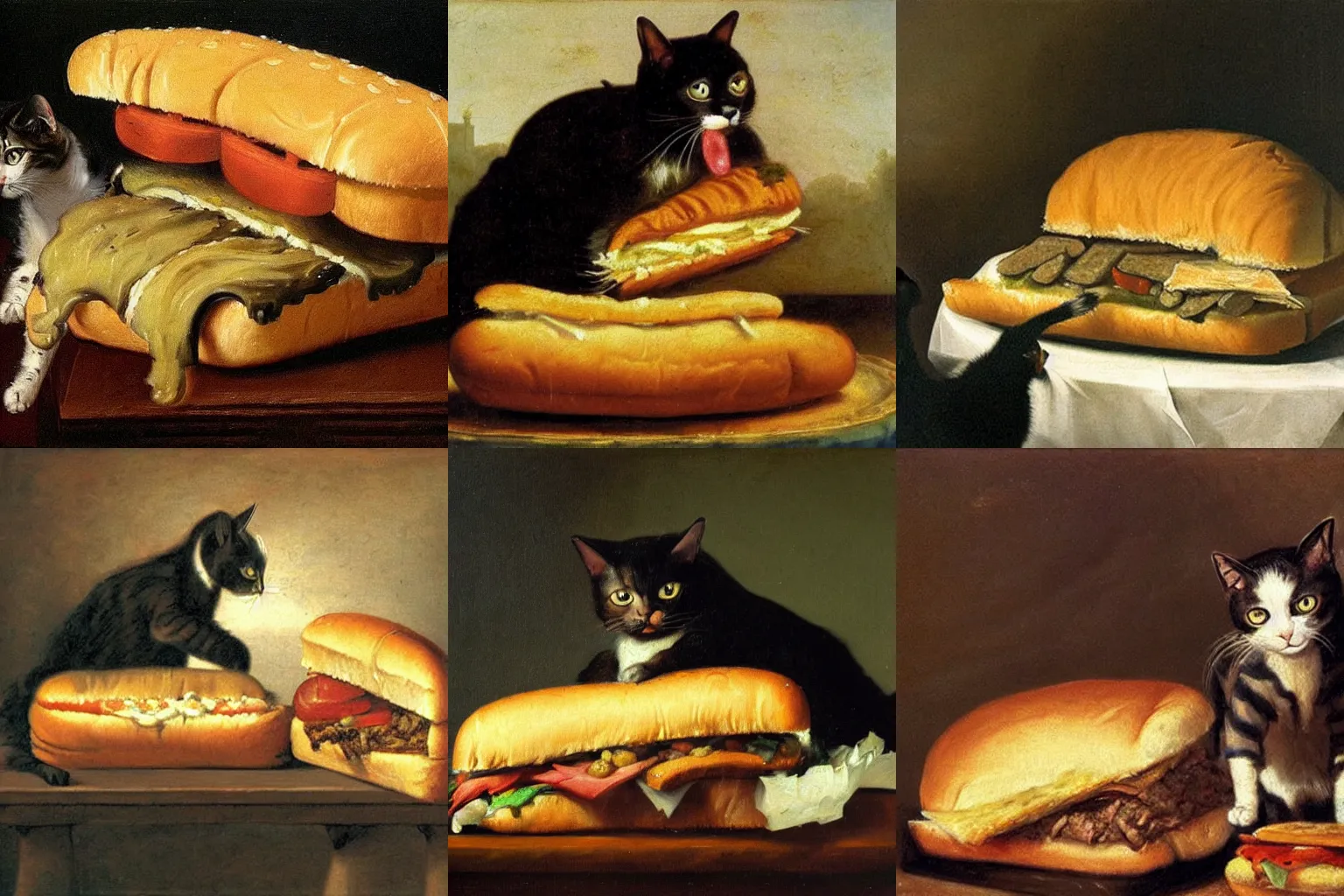 Prompt: an oil painting of a cat eating a big sandwich, by Rembrant. The cat has some food in it\'s mouth